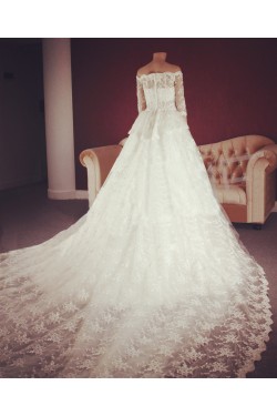 A-line Off the Shoulder Half Sleeves Lace Bridal Gown Wedding Dress WD010757