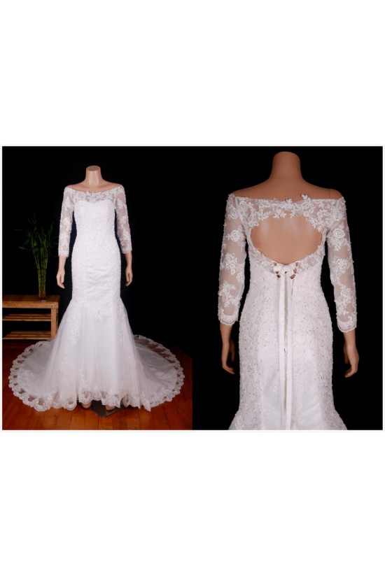 Trumpet/Mermaid Off the Shoulder 3/4 Sleeves Beaded Bridal Gown Wedding Dress WD010778 Trumpet/Mermaid Off the Shoulder 3/4 Sleeves Beaded Bridal Gown Wedding Dress WD010778