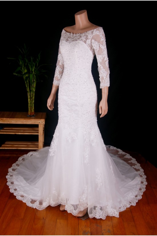 Trumpet/Mermaid Off the Shoulder 3/4 Sleeves Beaded Bridal Gown Wedding Dress WD010778 Trumpet/Mermaid Off the Shoulder 3/4 Sleeves Beaded Bridal Gown Wedding Dress WD010778