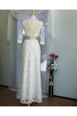 Sheath 3/4 Sleeves V-neck Lace Bridal Wedding Dresses WD010848