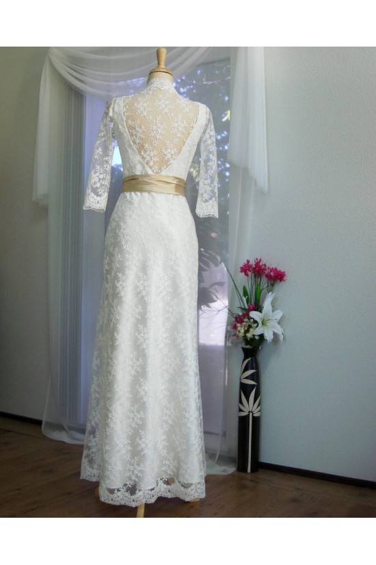 Sheath 3/4 Sleeves V-neck Lace Bridal Wedding Dresses WD010848