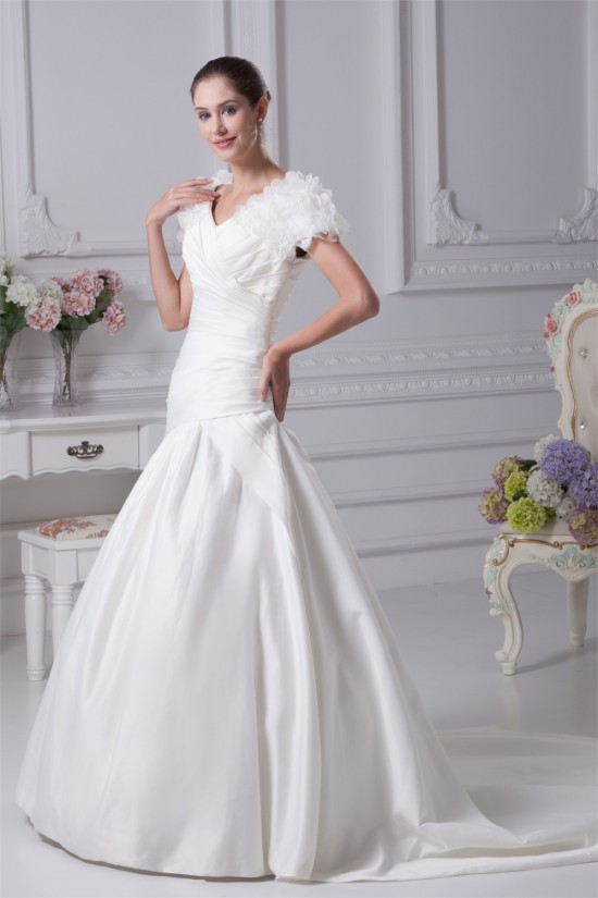 A-Line V-Neck Short Sleeve Court Train Wedding Dresses 2030003