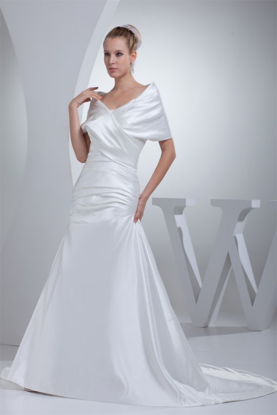 A-Line Portrait Beautiful Short Sleeve Satin Wedding Dresses 2030072 A-Line Portrait Beautiful Short Sleeve Satin Wedding Dresses 2030072
