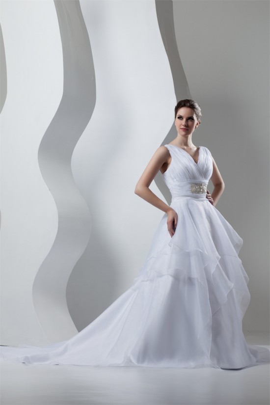 Unique Design V-Neck A-Line Satin Organza Beaded Sleeveless Wedding Dresses 2031044