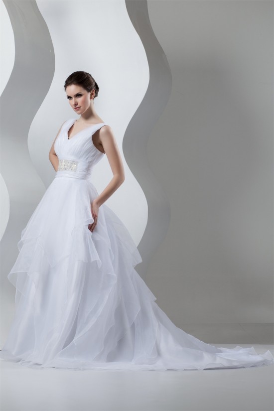 Unique Design V-Neck A-Line Satin Organza Beaded Sleeveless Wedding Dresses 2031044