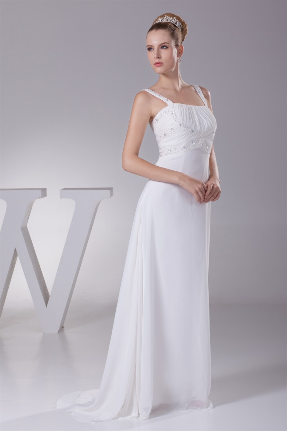 Spaghetti Strap Chiffon Gown with Asymmetrical Hems White