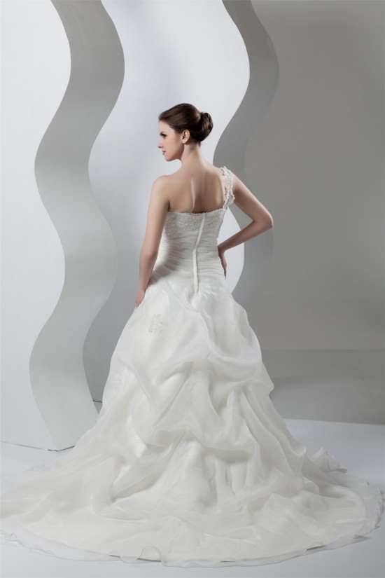 Wonderful Sleeveless A-Line One-Shoulder Satin Organza Lace Wedding Dresses 2031072 Wonderful Sleeveless A-Line One-Shoulder Satin Organza Lace Wedding Dresses 2031072