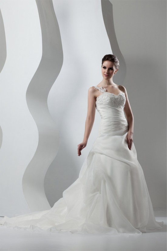 Wonderful Sleeveless A-Line One-Shoulder Satin Organza Lace Wedding Dresses 2031072 Wonderful Sleeveless A-Line One-Shoulder Satin Organza Lace Wedding Dresses 2031072