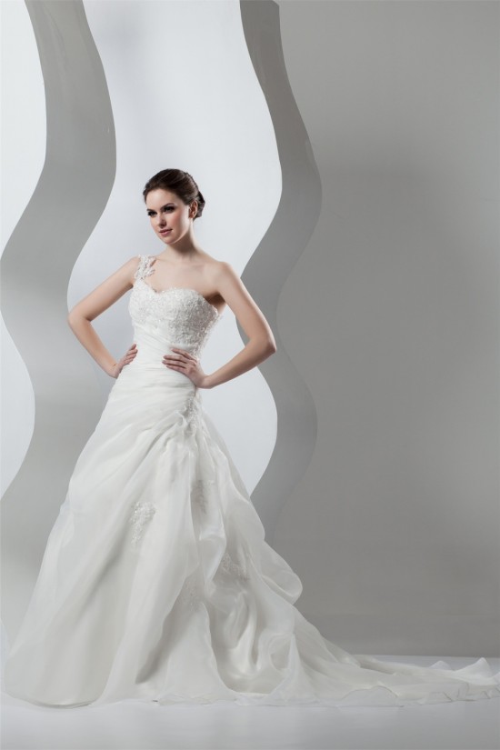 Wonderful Sleeveless A-Line One-Shoulder Satin Organza Lace Wedding Dresses 2031072 Wonderful Sleeveless A-Line One-Shoulder Satin Organza Lace Wedding Dresses 2031072
