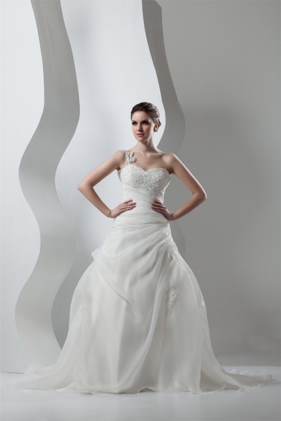 Wonderful Sleeveless A-Line One-Shoulder Satin Organza Lace Wedding Dresses 2031072 Wonderful Sleeveless A-Line One-Shoulder Satin Organza Lace Wedding Dresses 2031072