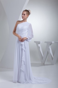 A-Line One Sleeve Chiffon Sweep Train Wedding Dresses 2030109