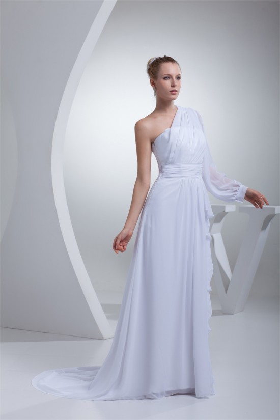A-Line One Sleeve Chiffon Sweep Train Wedding Dresses 2030109 A-Line One Sleeve Chiffon Sweep Train Wedding Dresses 2030109