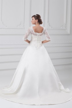 A-Line V-Neck Half Elbow Sleeve Lace Taffeta Embellished Wedding Dresses 2031100
