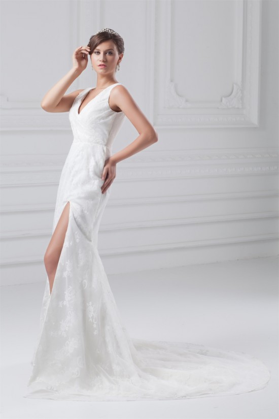 Amazing Sleeveless Sheath/Column Satin Lace V-Neck Wedding Dresses 2031116 Amazing Sleeveless Sheath/Column Satin Lace V-Neck Wedding Dresses 2031116
