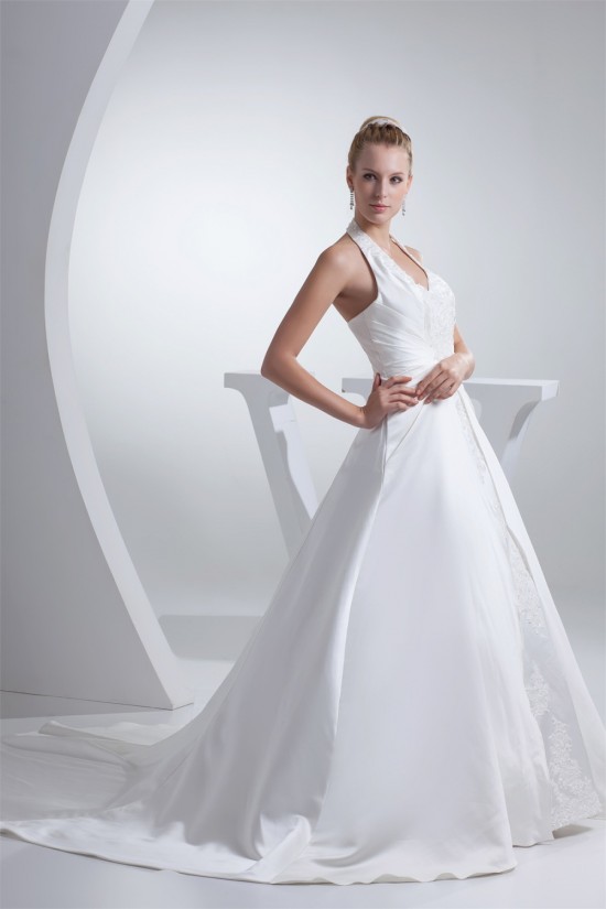 A-Line Halter Court Train Beaded Applique Satin Wedding Dresses 2030112 A-Line Halter Court Train Beaded Applique Satin Wedding Dresses 2030112