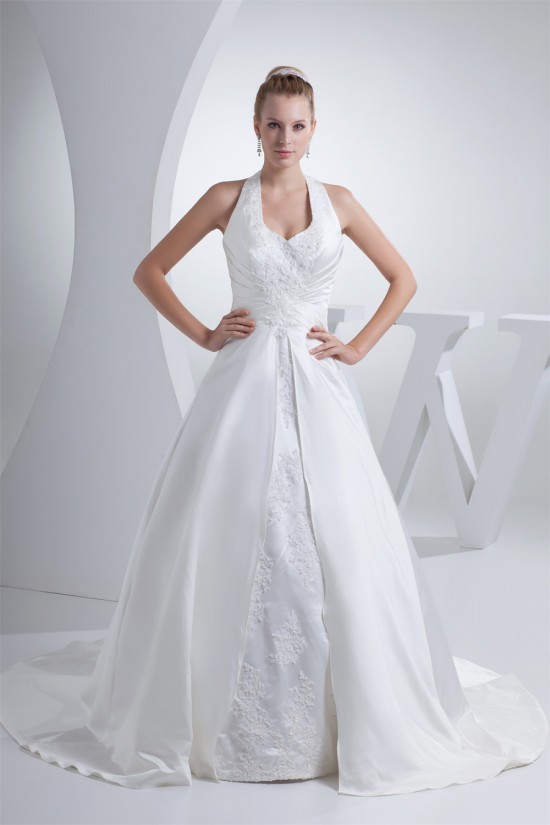 A-Line Halter Court Train Beaded Applique Satin Wedding Dresses 2030112 A-Line Halter Court Train Beaded Applique Satin Wedding Dresses 2030112