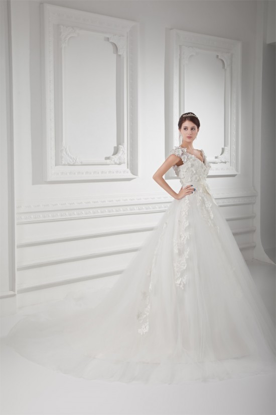 Ball Gown V-Neck Satin Fine Netting Embellished Wedding Dresses 2031127