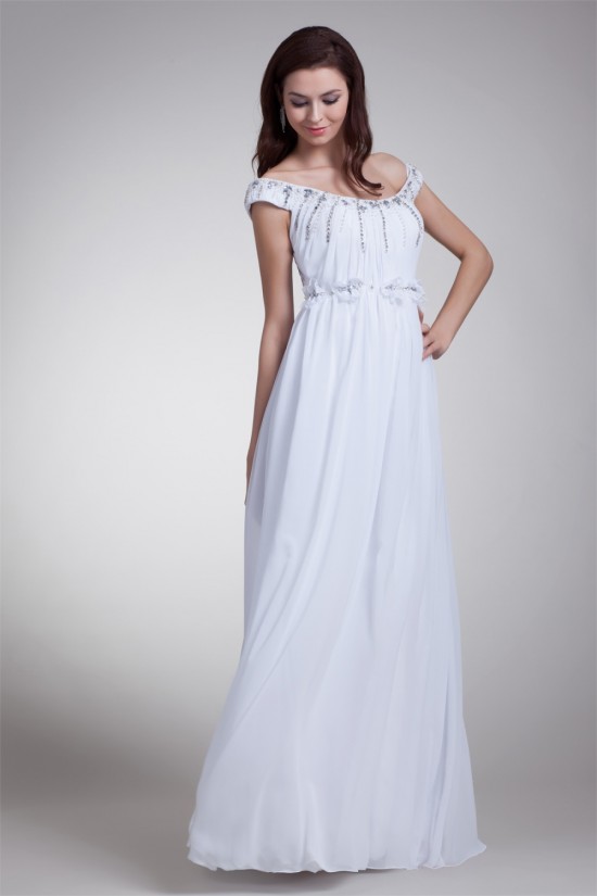 Beautiful Sheath/Column Off-the-Shoulder Chiffon Satin Beaded Wedding Dresses 2031132