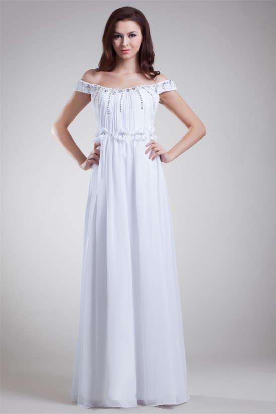 Beautiful Sheath/Column Off-the-Shoulder Chiffon Satin Beaded Wedding Dresses 2031132