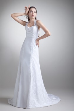 Charming A-Line Satin Lace Halter Sleeveless Sweet Wedding Dresses 2031146