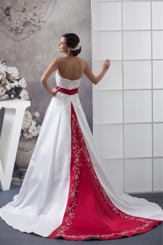 A-Line Strapless Beaded Chapel Train White Red Wedding Dresses 2030115 A-Line Strapless Beaded Chapel Train White Red Wedding Dresses 2030115