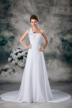 Chiffon Satin Sleeveless A-Line One-Shoulder Best Wedding Dresses 2031152