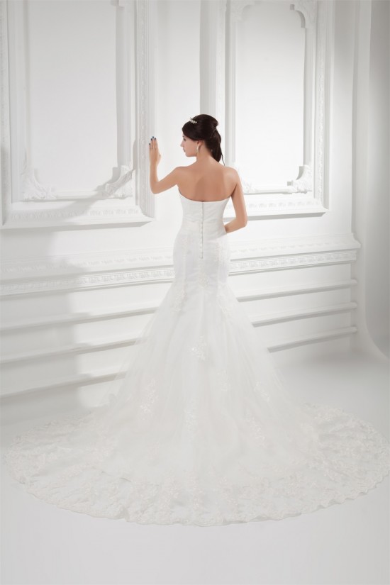 Trumpet/Mermaid Sleeveless Satin Fine Netting Strapless Lace Wedding Dresses 2031162