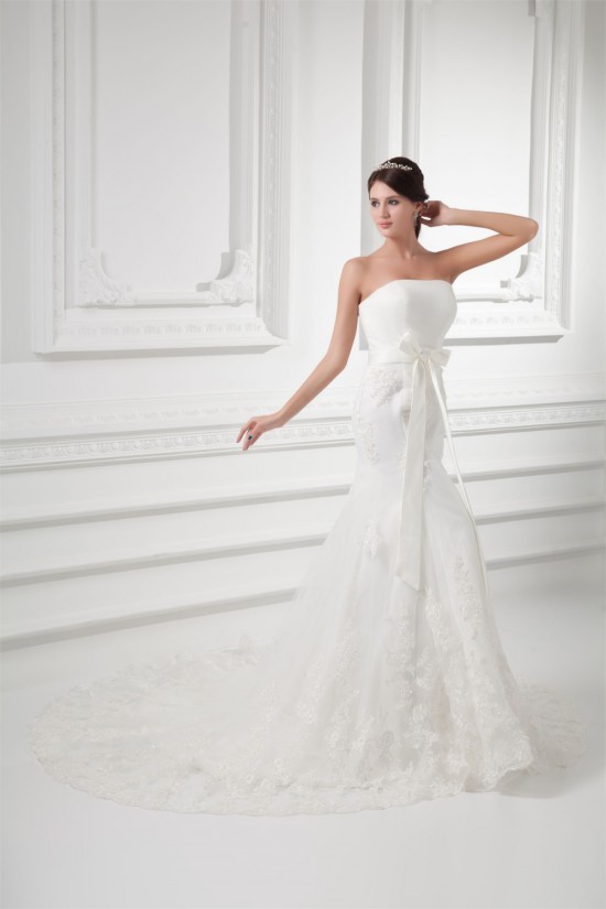 Trumpet/Mermaid Sleeveless Satin Fine Netting Strapless Lace Wedding Dresses 2031162
