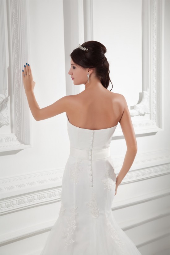 Trumpet/Mermaid Sleeveless Satin Fine Netting Strapless Lace Wedding Dresses 2031162