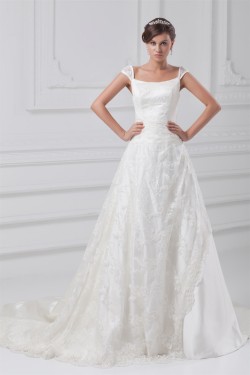 Fantastic Scoop A-Line Satin Lace Wedding Dresses 2031181