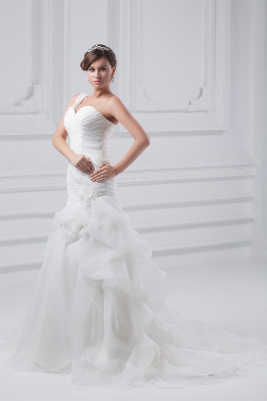 Fantastic Sleeveless A-Line One-Shoulder Satin Organza Wedding Dresses 2031182