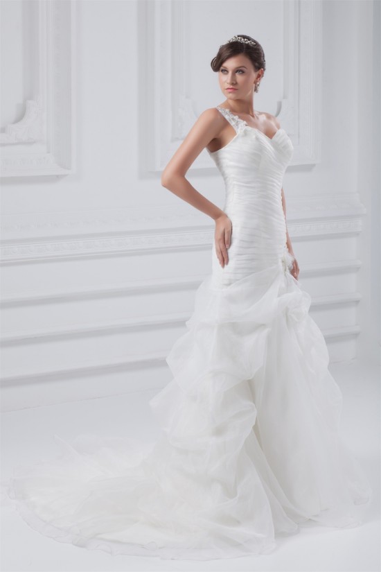 Fantastic Sleeveless A-Line One-Shoulder Satin Organza Wedding Dresses 2031182