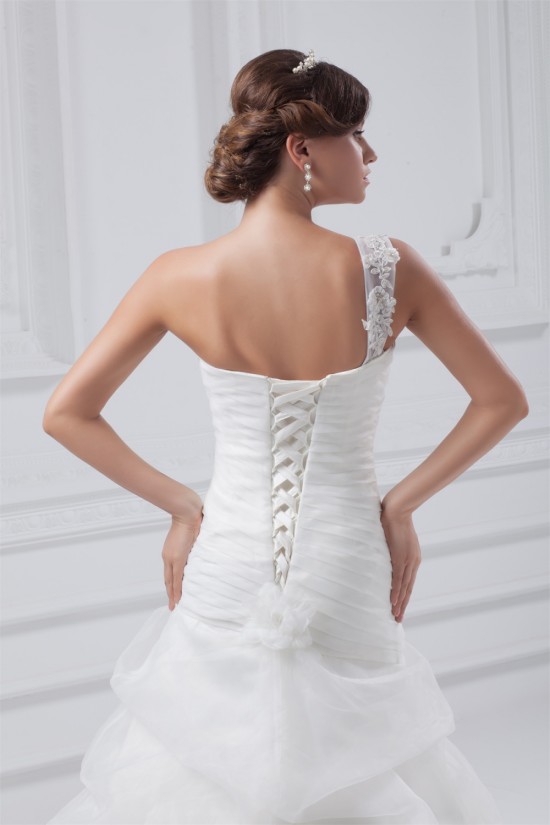 Fantastic Sleeveless A-Line One-Shoulder Satin Organza Wedding Dresses 2031182