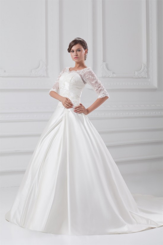 Fantastic V-Neck Satin Lace A-Line Half Elbow Sleeve Wedding Dresses 2031189 Fantastic V-Neck Satin Lace A-Line Half Elbow Sleeve Wedding Dresses 2031189