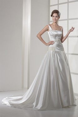 A-Line Square Chapel Train Beaded Wedding Dresses 2030119