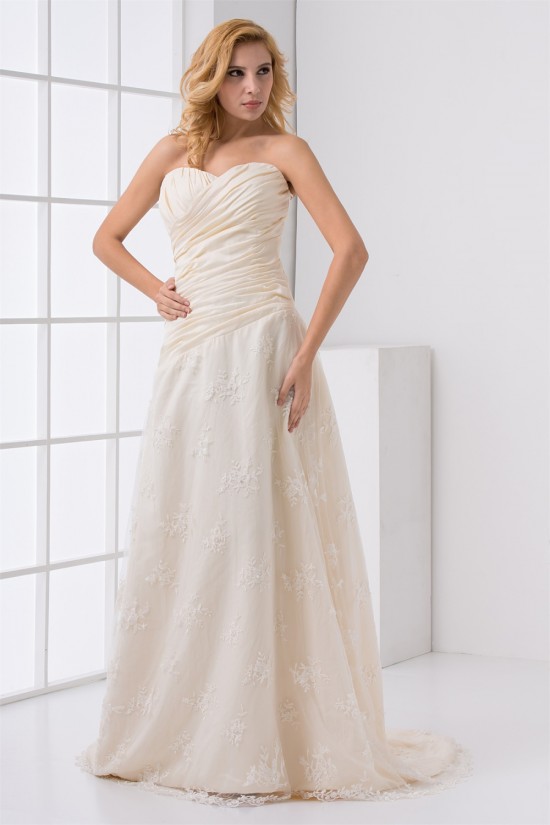 Fashionable Satin Lace Sweetheart A-Line Sleeveless Sweet Wedding Dresses 2031191