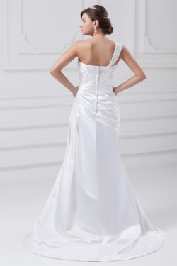 Fashionable Sleeveless One-Shoulder Satin A-Line Best Wedding Dresses 2031195
