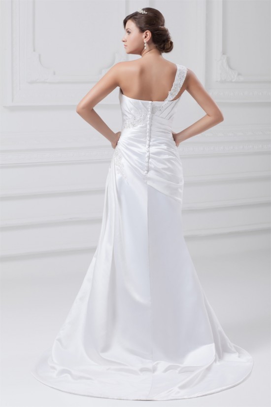 Fashionable Sleeveless One-Shoulder Satin A-Line Best Wedding Dresses 2031195