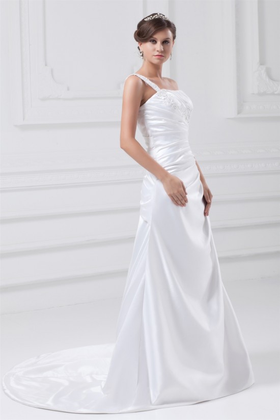 Fashionable Sleeveless One-Shoulder Satin A-Line Best Wedding Dresses 2031195