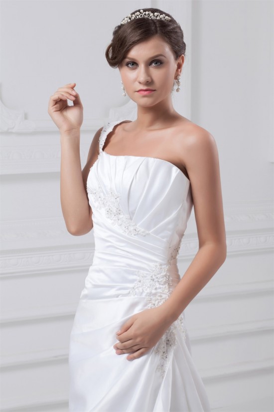 Fashionable Sleeveless One-Shoulder Satin A-Line Best Wedding Dresses 2031195
