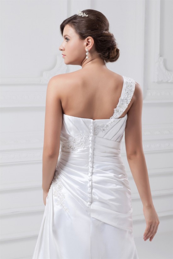 Fashionable Sleeveless One-Shoulder Satin A-Line Best Wedding Dresses 2031195