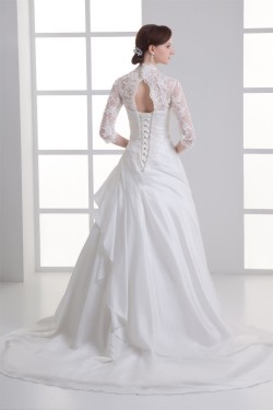 Great Ball Gown 3/4 Length Sleeve Taffeta Lace V-Neck Wedding Dresses 2031212