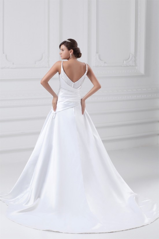 Great Sleeveless A-Line Satin Spaghetti Straps Lace Wedding Dresses 2031216