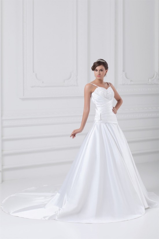 Great Sleeveless A-Line Satin Spaghetti Straps Lace Wedding Dresses 2031216