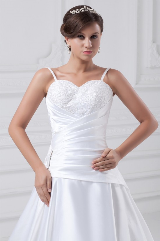 Great Sleeveless A-Line Satin Spaghetti Straps Lace Wedding Dresses 2031216