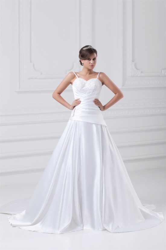 Great Sleeveless A-Line Satin Spaghetti Straps Lace Wedding Dresses 2031216