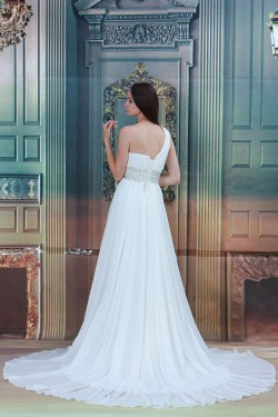 Great Sleeveless Chiffon Satin One-Shoulder A-Line Beaded Wedding Dresses 2031217
