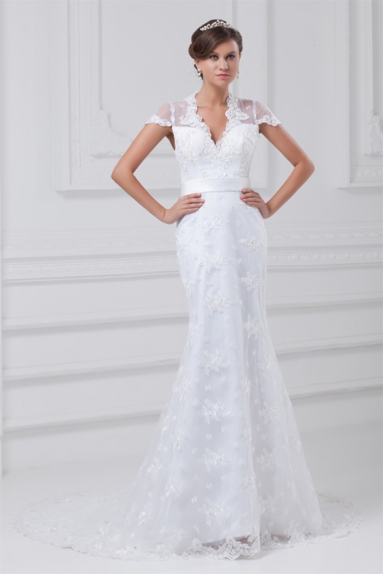 Mermaid/Trumpet Short Sleeve V-Neck Satin Lace Wedding Dresses 2031234 Mermaid/Trumpet Short Sleeve V-Neck Satin Lace Wedding Dresses 2031234