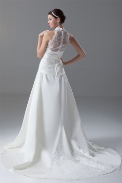New Arrival Satin Lace A-Line High-Neck Sleeveless Wedding Dresses 2031247
