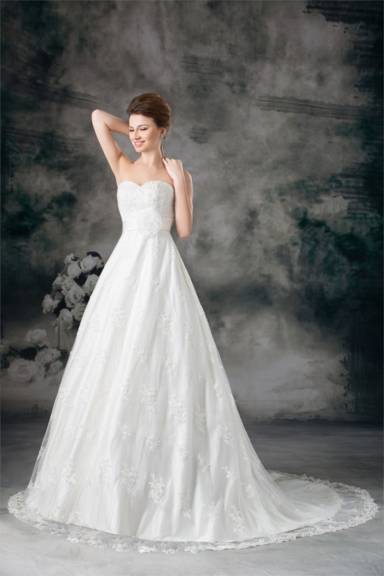 New Arrival Satin Lace Sweetheart A-Line Sleeveless Wedding Dresses 2031248